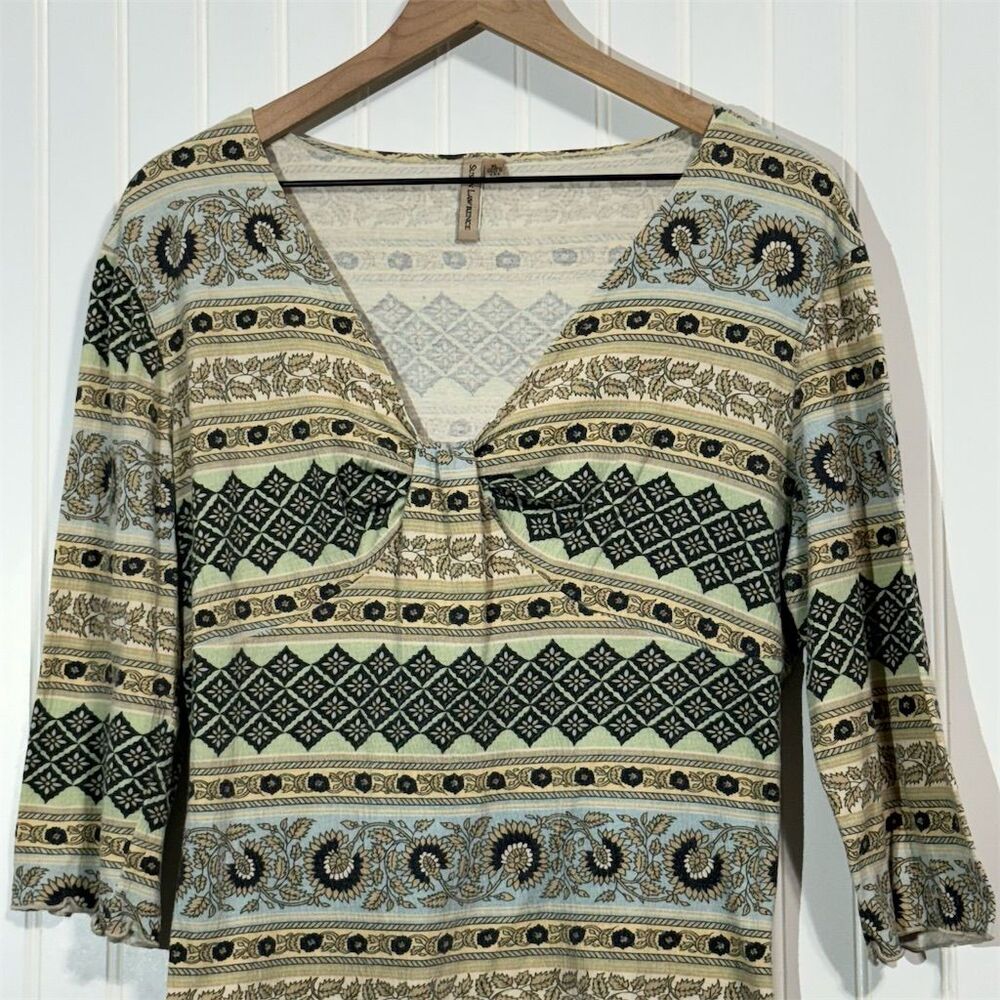Susan Lawrence XL Top Boho Print Sweetheart Neck 3/4 Sleeve Made in USA Vintage - Picture 2 of 8